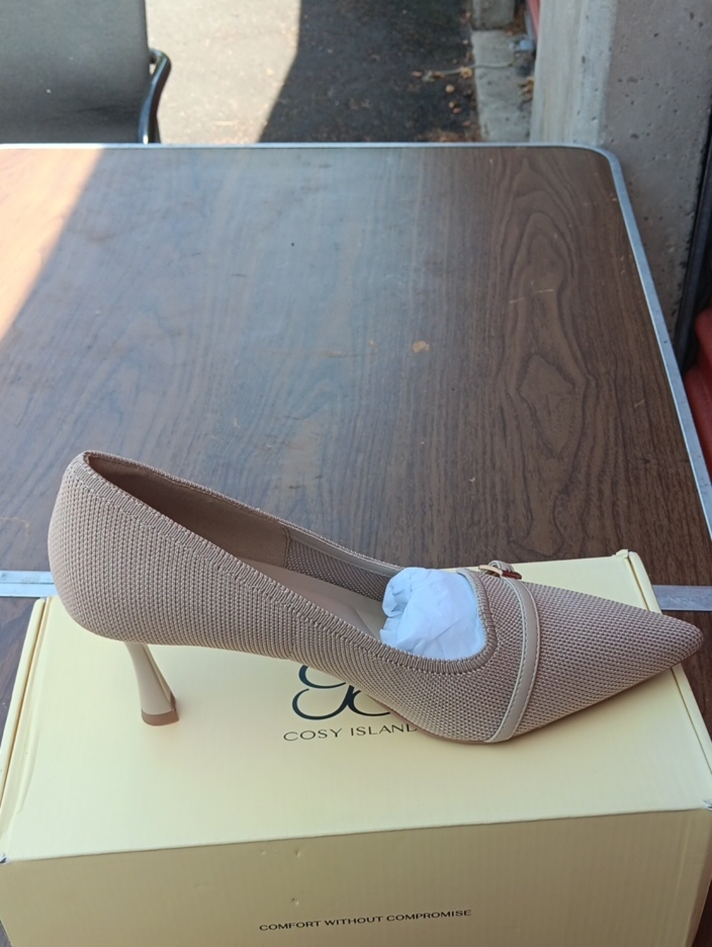 Women's Beige Knit Pointed-Toe Mid Heel Pump